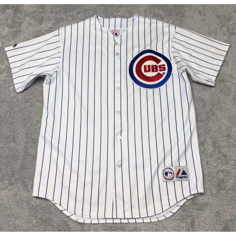 Majestic Chicago Cubs Baseball Jersey Mens L White Pinstripe MLB Fan Gear Logo